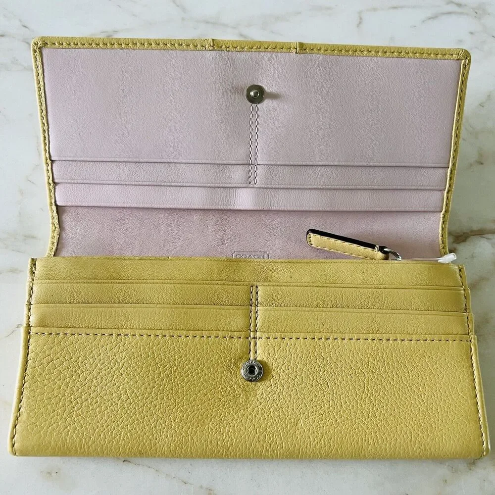 COACH Julie Sunflower Yellow Leather Slim Envelope Bifold Continental Wallet
